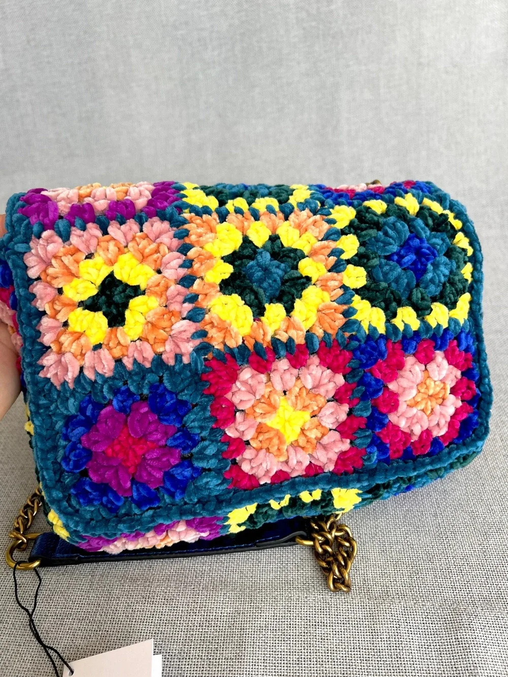 Kurt Geiger Boho Chenille Crochet Patchwork crossbody bag teal, pink yellow blue